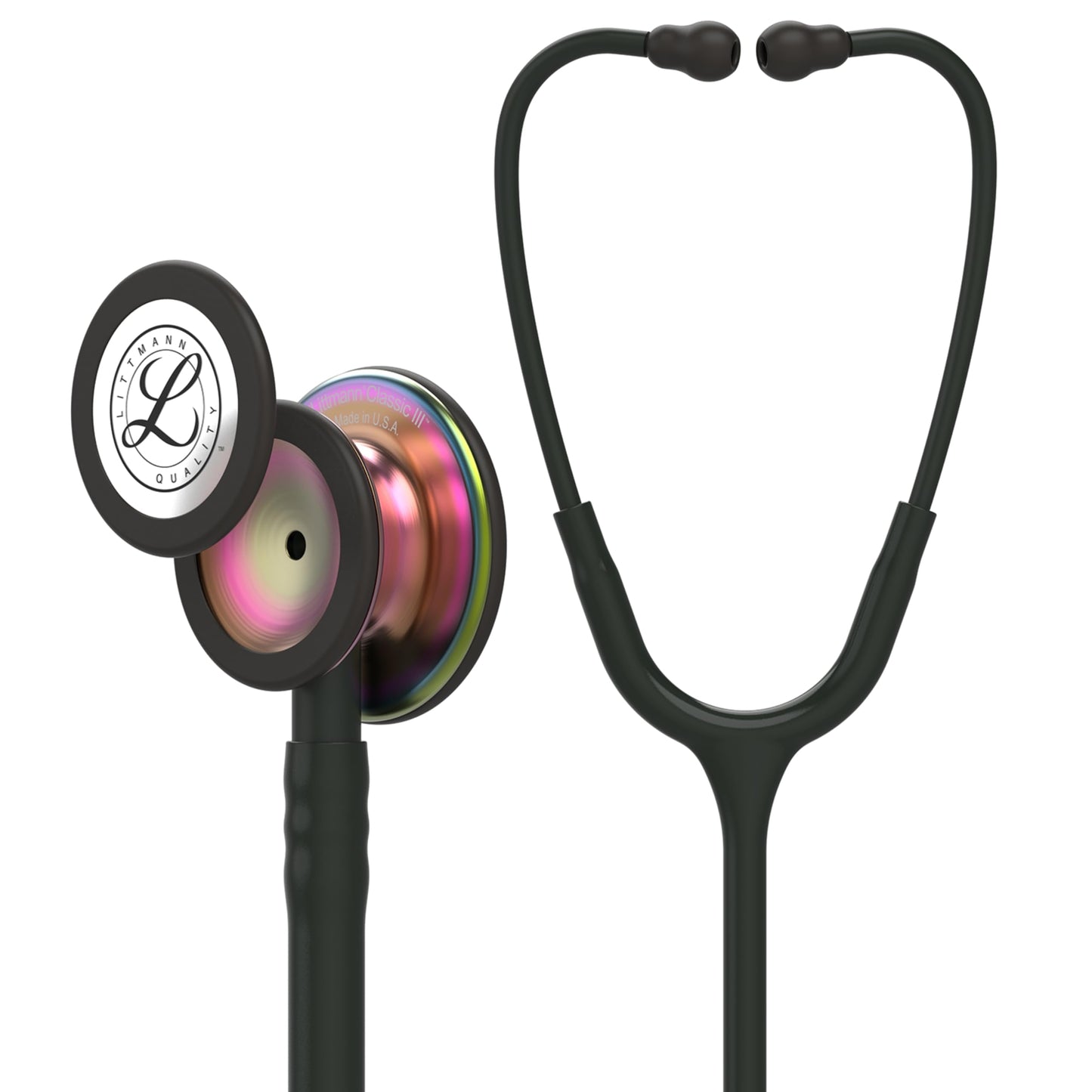 3M Littmann Classic III Monitoring Stethoscope, 5870, More Than 2X as Loud*, Weighs Less**, Stainless Steel Rainbow-Finish Chestpiece, 27" Black Tube, Stem and Headset