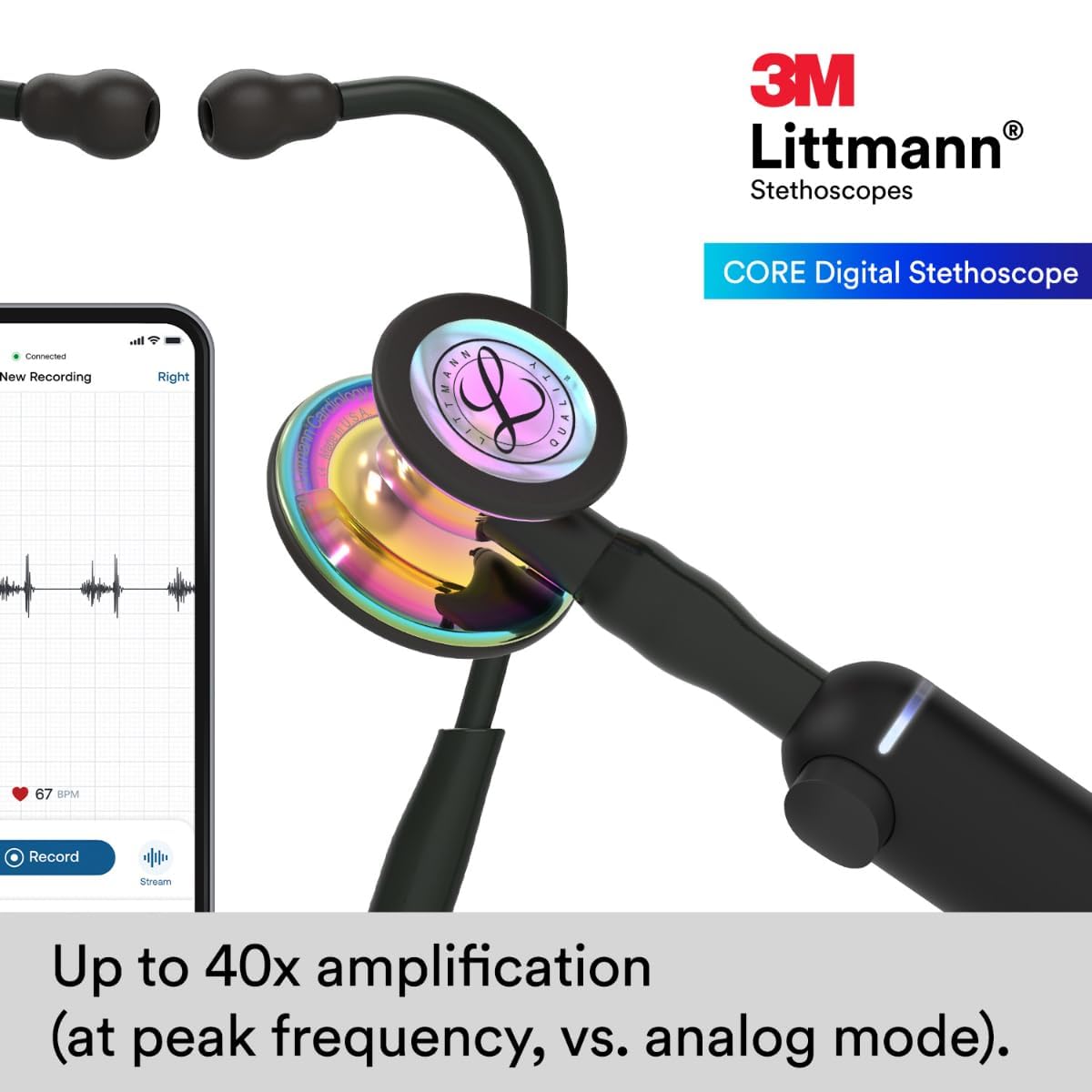 3M Littmann CORE Digital Stethoscope, Our Most Advanced Stethoscope Yet, Up To 40x Amplification*, Active Noise Cancellation, In-App Sound Wave Visualization, High Polish Rainbow Chestpiece, 8570